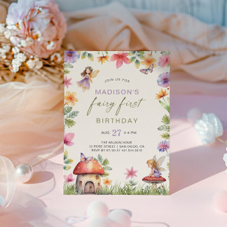 Fairy First Birthday Enchanted Forest Floral Girl Einladung