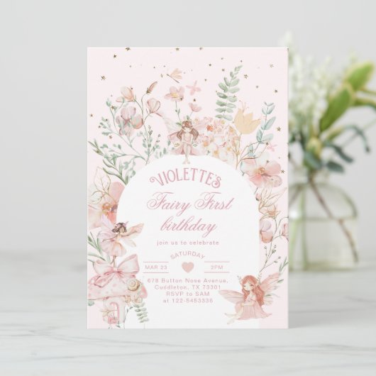 Fairy First Birthday Enchanted garden Whimsical Einladung (Stehend Vorderseite)