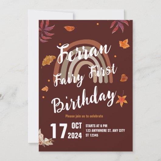 Fairy First Birthday Fall Boho Rainbow Einladung (Vorderseite)