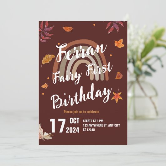 Fairy First Birthday Fall Boho Rainbow Einladung (Stehend Vorderseite)