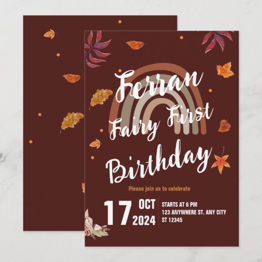 Fairy First Birthday Fall Boho Rainbow Einladung (Vorne/Hinten)