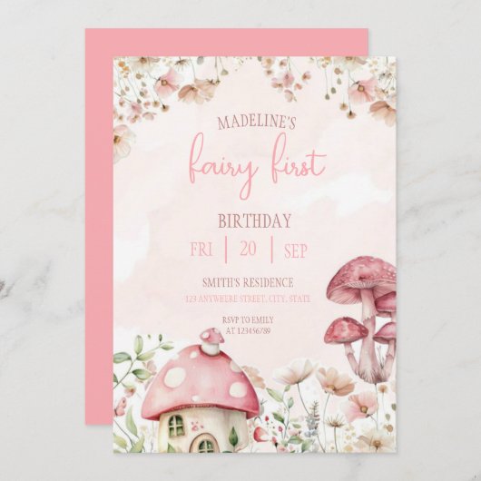 Fairy First Birthday Forest Watercolor Mushroom  Einladung (Vorne/Hinten)