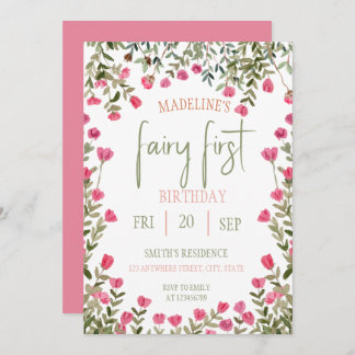 Fairy First  Birthday Forest Watercolor Mushroom  Einladung