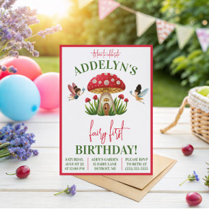 Fairy First Birthday, Garden Mushroom Birthday Einladung