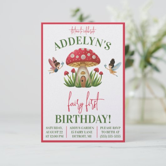 Fairy First Birthday, Garden Mushroom Birthday Einladung (Stehend Vorderseite)