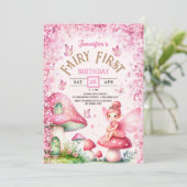 Fairy First Birthday Girl 1. Fairy Forest Pink Einladung (Stehend Vorderseite)
