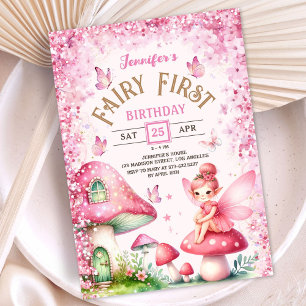 Fairy First Birthday Girls Rosa verzauberter Wald Einladung