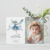 Fairy First Birthday Invitation | Dusty Blue Einladung (Stehend Vorderseite)