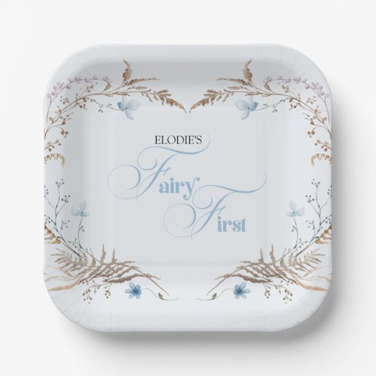 Fairy First Birthday Invitation | Elegant Blue Pappteller (Vorderseite)