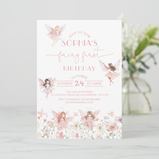 Fairy First Birthday Invitation Girl Einladung (Stehend Vorderseite)