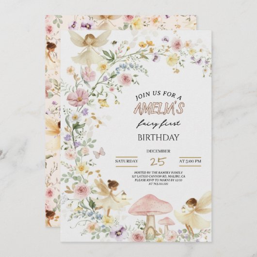 Fairy First Birthday Invitation Wildflower 1st Einladung (Vorne/Hinten)