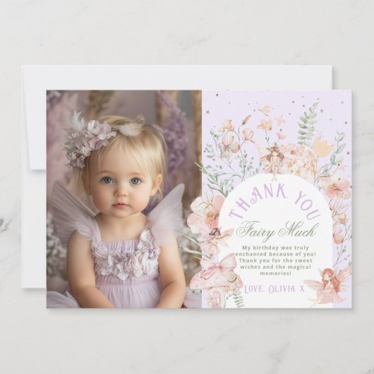 Fairy First Birthday Lilac Photo Thank You Card Einladung (Vorderseite)
