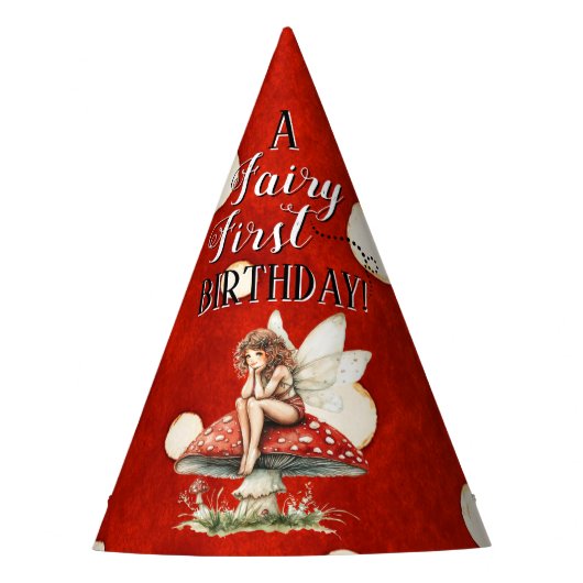 Fairy First Birthday Mushroom Red Polka dot Partyhütchen (Vorderseite)