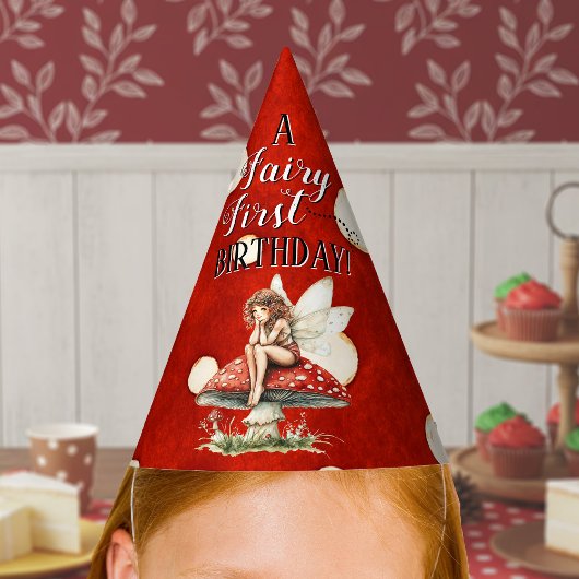 Fairy First Birthday Mushroom Red Polka dot Partyhütchen