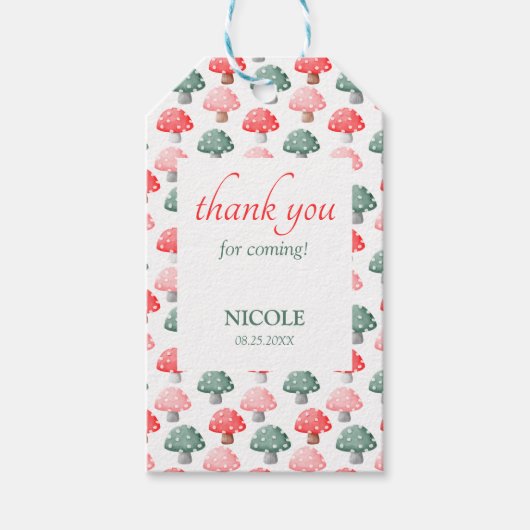 Fairy First Birthday Niedlich farbenfrohe Pilze Geschenkanhänger (Vorderseite)