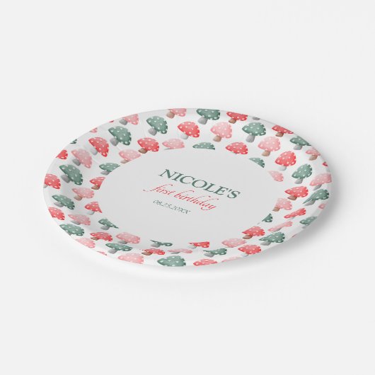 Fairy First Birthday Niedlich farbenfrohe Pilze Pappteller (Schrägansicht)