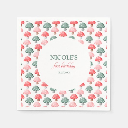 Fairy First Birthday Niedlich farbenfrohe Pilze Serviette (Vorderseite)