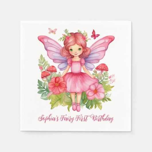 Fairy First Birthday Niedlich Girl Pink Wasserfarb Serviette (Vorderseite)