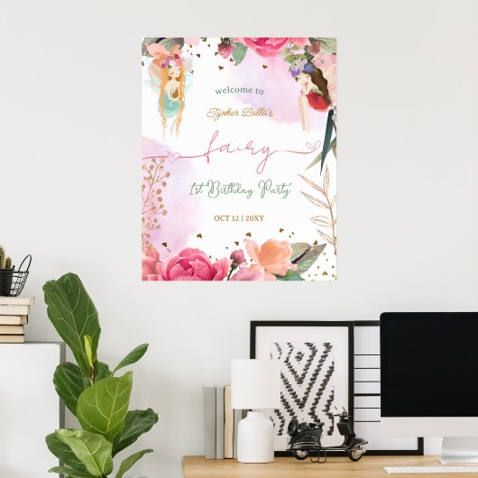 Fairy First Birthday Party Baby Girl Begrüßungszei Poster (Heimbüro)