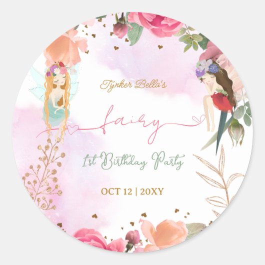Fairy First Birthday Party Baby Girl Runder Aufkleber (Vorderseite)