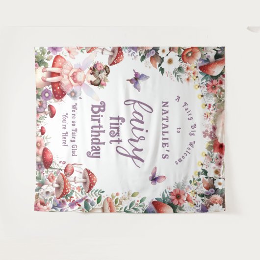 Fairy First Birthday Party Blumengrüße Hintergrund Wandteppich (Vorderseite (Horizontal))