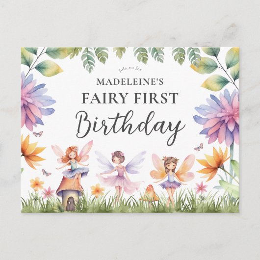 Fairy First Birthday Party Einladung Postkarte (Vorderseite)