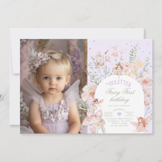 Fairy First Birthday Pastel Lilac Whimsical Photo Einladung (Vorderseite)
