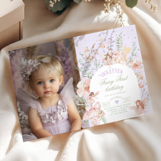 Fairy First Birthday Pastel Lilac Whimsical Photo Einladung