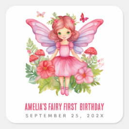Fairy First Birthday Pink Hübsch Girl Quadratischer Aufkleber