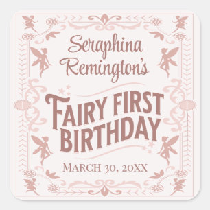 Fairy First Birthday Pink Sweet Girls Bday Party Quadratischer Aufkleber