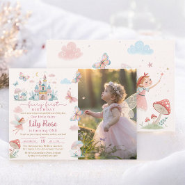 Fairy First Birthday Pink Whimsical Castle Foto Einladung