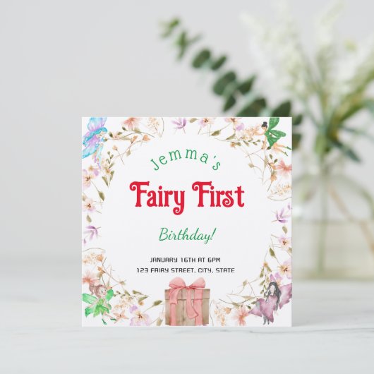 Fairy First Birthday Watercolor GiftBox Einladung (Stehend Vorderseite)