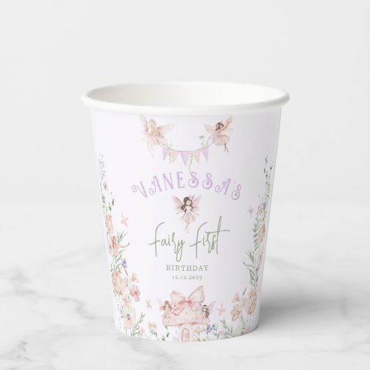 Fairy First Birthday Whimsical garden Lilac Pappbecher (Rückseite)