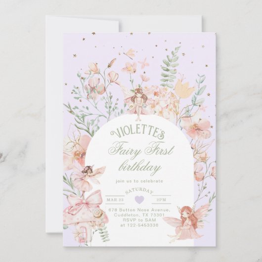 Fairy First Birthday Whimsical Garden Purple Einladung (Vorderseite)
