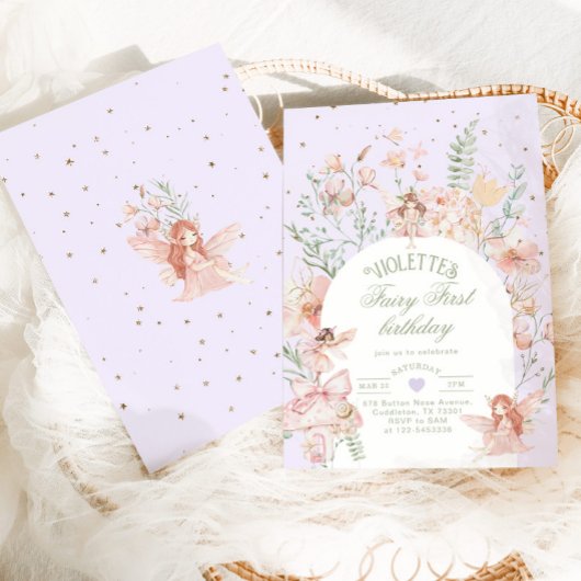 Fairy First Birthday Whimsical Garden Purple Einladung