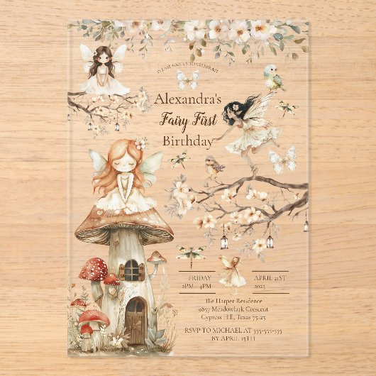 Fairy First Birthday Woodland Floral Acryleinladungen (Vorderseite)