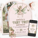 Fairy First Custom Foto Pink Sage 1. Geburtstag Einladung<br><div class="desc">Lade deine Lieben zu einem magischen Tag ein und wundere dich mit der Fairy First Custom Foto Pink Sage 1. Geburtstag Einladung. Diese wunderschön gestaltete Einladung fasst die Träume eines ersten Märchengeburtstages zusammen, mit sanften Aquarellelementen wie flatternden Feen, einem charmanten Pilzhaus und üppiger Vegetation. Die zarte Rosa- und Salbeipalette Set...</div>
