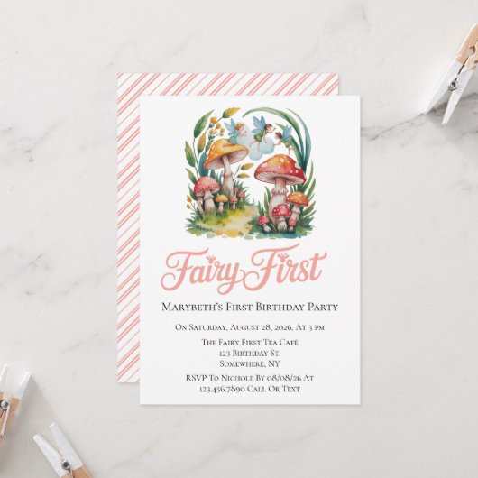 Fairy First Girl Birthday Party Einladung (Vorderseite/Rückseite Beispiel)