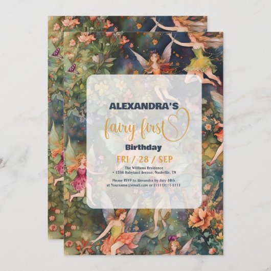 Fairy First Girl's 1. Geburtstag Einladung (Vorne/Hinten)