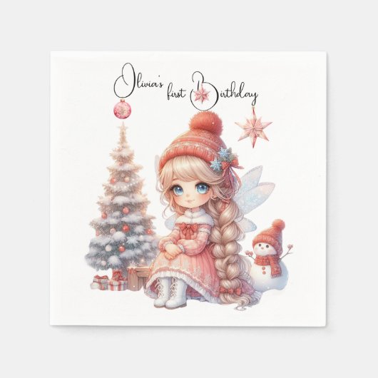 Fairy First Girl's 1. Geburtstag Serviette (Vorderseite)