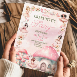Fairy First Mushroom House Pink Birthday Einladung