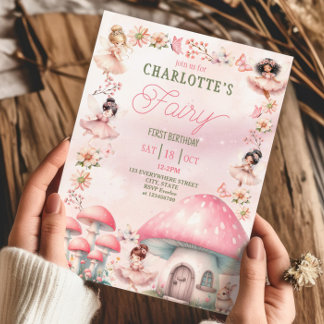 Fairy First Mushroom House Pink Birthday Einladung