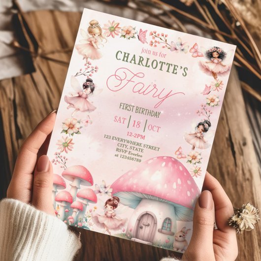 Fairy First Mushroom House Pink Birthday Einladung