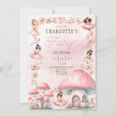 Fairy First Mushroom House Pink Birthday Einladung (Vorderseite)