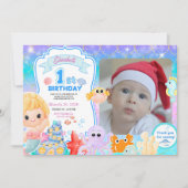 Fairy First Purple Sea Photo 1st Birthday Einladung (Vorderseite)