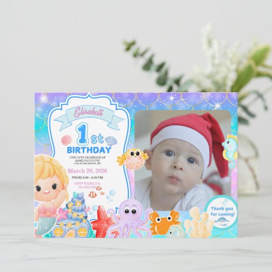 Fairy First Purple Sea Photo 1st Birthday Einladung (Stehend Vorderseite)