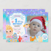 Fairy First Purple Sea Photo 1st Birthday Einladung (Vorne/Hinten)