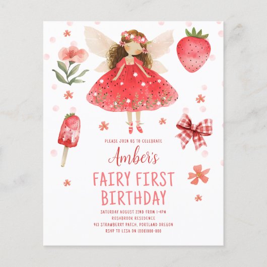Fairy First Strawberry Budget Geburtstag Einladung (Vorderseite)