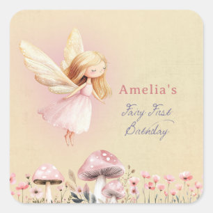 Fairy First Thema Mädchen 1. Geburtstagsfeier Benu Quadratischer Aufkleber