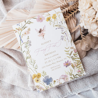Fairy First Watercolor Floral Girls 1. Geburtstag Einladung